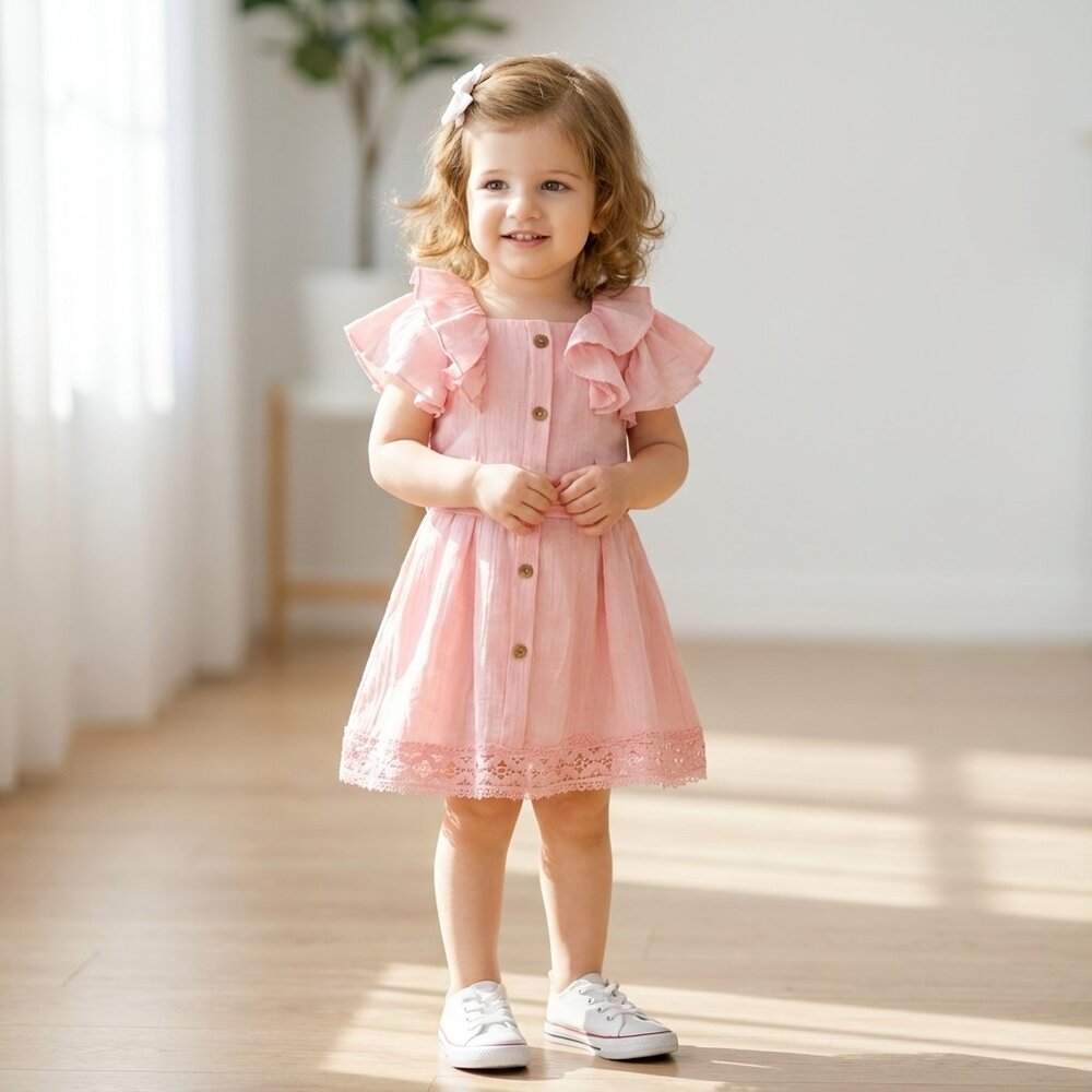 Peppermint Girls A-Line Pink Dress with Ruffled Sleeves
